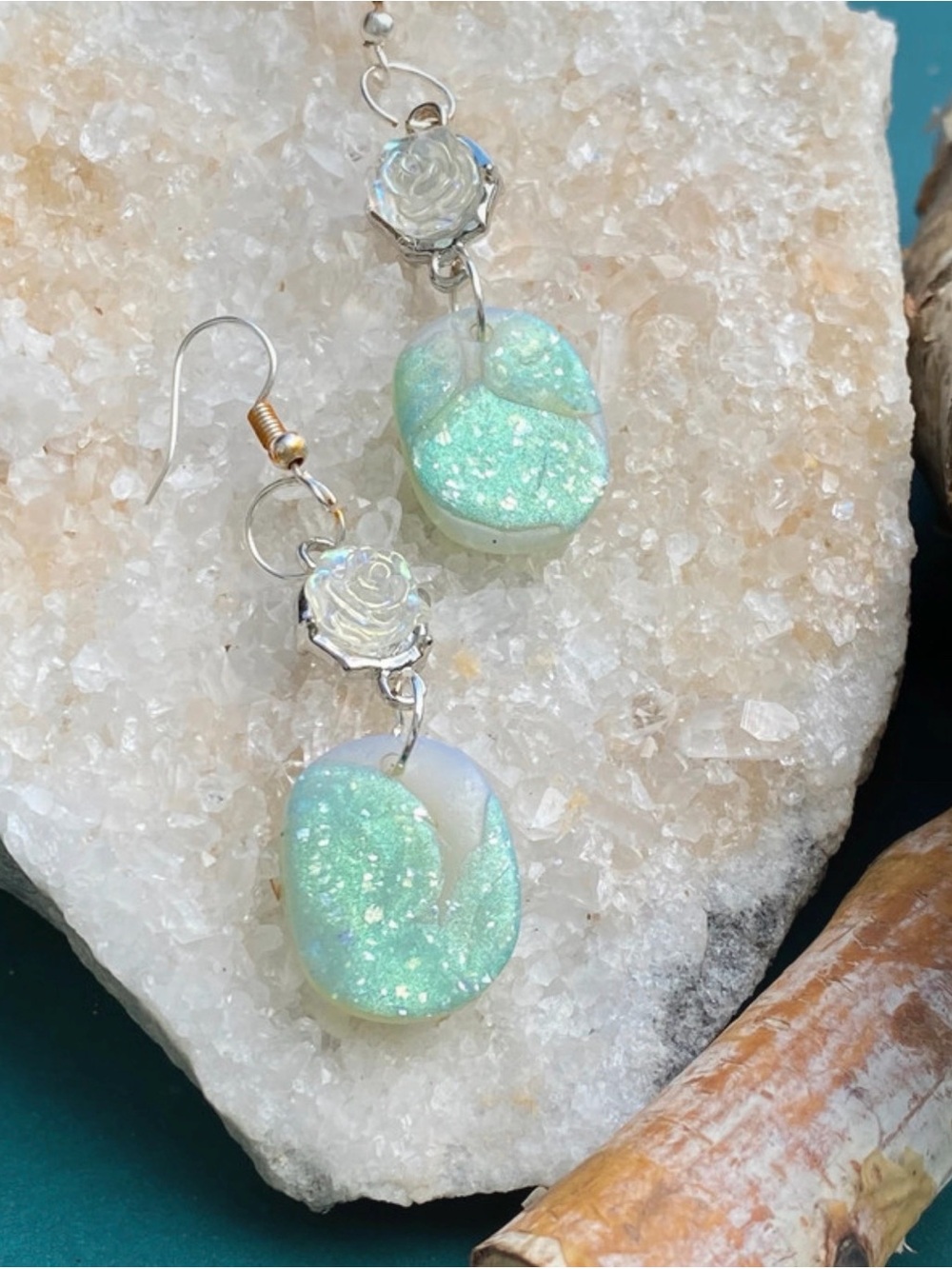 Handmade Polymer Clay Mint Green Glitter Rose Drop Earrings — Dazzling Sparkle